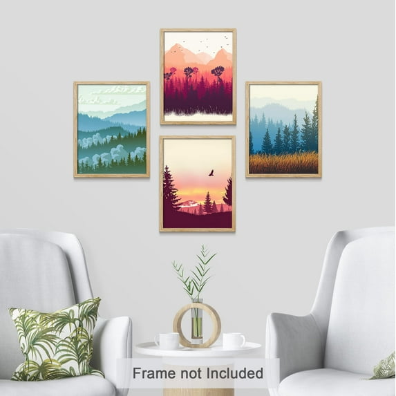 PixonSign Frameless Wall Art Autumn Summer Forest Mountain Landscape Prints, Set of 4 Abstract Geometric Wall Decor Arts, Plant Wall Décor, Adhesive Canvas Poster, Modern Home Artwork - 11"x14"