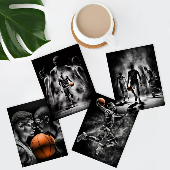 PixonSign Frameless Wall Art, Black & White Basketball Star Posters, Set of 4 Boy's Bedroom Illustration Wall Decor, Adhesive Canvas Prints, Multicolor Contemporary Wall Décor - 8"x10"