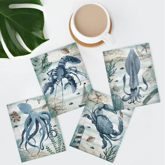 PixonSign Frameless Wall Art Blue Octopus Lobster Crab Squid Fish Prints, Set of 4 Nautical Wood Block Animals Rustic Wall Décor, Adhesive Canvas Poster, Modern Home Artwork - 8"x10"
