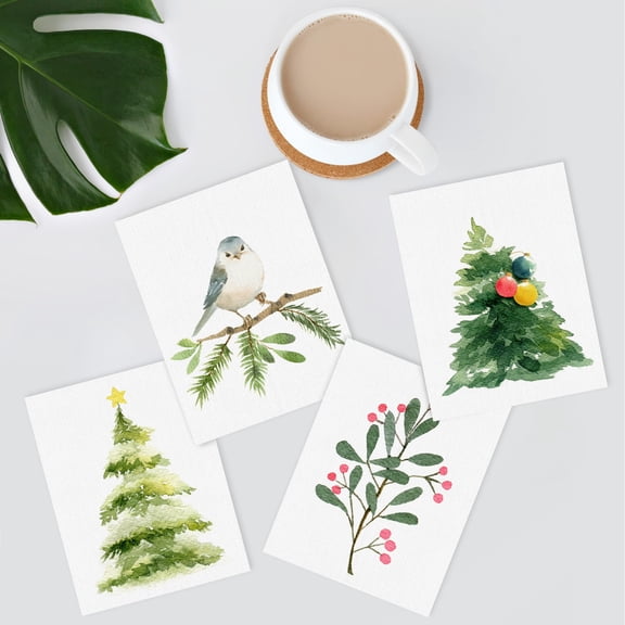 PixonSign Frameless Wall Art Christmas Tree Pine Tree Bird Flower, Set of 4 Forest & Holidays Wall Decor Arts, Seasonal Wall Décor, Adhesive Canvas Poster, Modern Home Artwork - 11"x14"