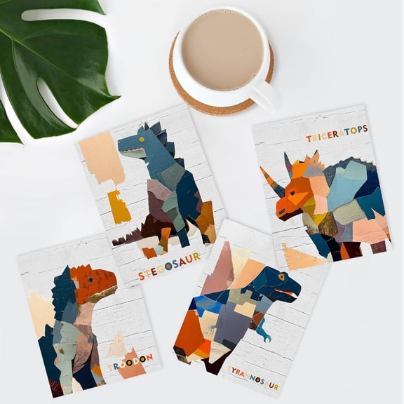 PixonSign Frameless Wall Art, Colorful Dinosaur Collage Prints, Set of 4 Boy's Bedroom Illustration Wall Decor, Multicolor Contemporary Wall Décor, Modern Adhesive Canvas Posters - 11"x14"