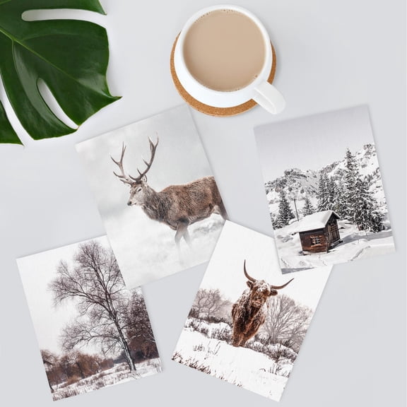 PixonSign Frameless Wall Art Deer Winter Snow Frost Tree Cabin Print, Set of 4 Nature Wilderness Wall Decor Arts, Animal Wall Décor, Adhesive Canvas Poster, Modern Home Artwork - 11"x14"