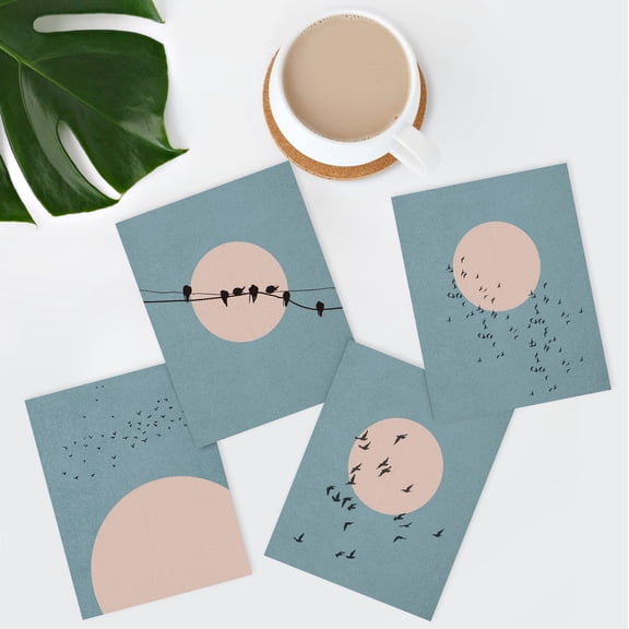 PixonSign Frameless Wall Art Duotone Bird Flying in Sky and Telephone Wire Prints, Set of 4 Nature Wildernes Paintings, Minimalism Wall Décor, Adhesive Canvas Poster for Home Decor - 8"x10"