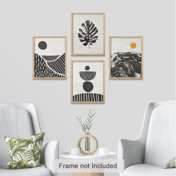 PixonSign Frameless Wall Art Mid-Century Duotone Monstera Leaf Prints, Set of 4 Abstract Plant Landscape Wall Decor Arts, Nature Wall Décor, Adhesive Canvas Poster, Modern Home Artwork - 8"x10"
