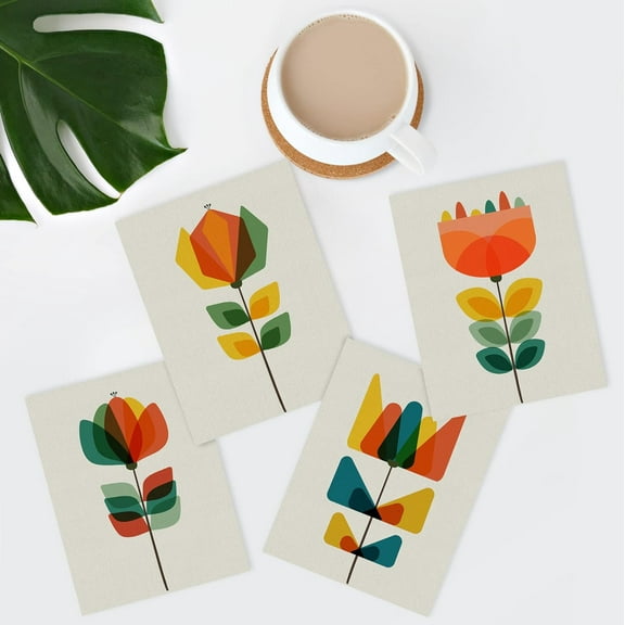 PixonSign Frameless Wall Art Mid-Century Modern Botanical Flower Garden Prints, Set of 4 Abstract Geometric Floral Wall Decor, Multicolor Nature Botanical Wall Décor for Office, Bedroom - 8"x10"