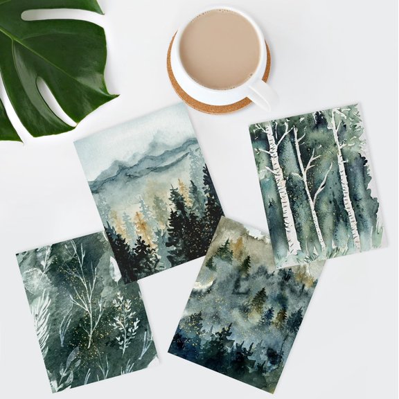 PixonSign Frameless Wall Art Pastel Pine Trees Snowy Mountain Prints, Set of 4 Nature Wilderness Wall Décor, Modern Adhesive Canvas Posters for Living Room, Bedroom, Office - 8"x10"