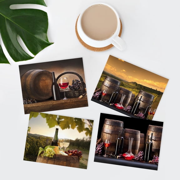 PixonSign Frameless Wall Art Red Wine with Flasks, Red Grapes & Barrels Drinks Prints, Set of 4 Cocktails Modern Arts, Minimalism Countryside Photography Posters for Home Decor -