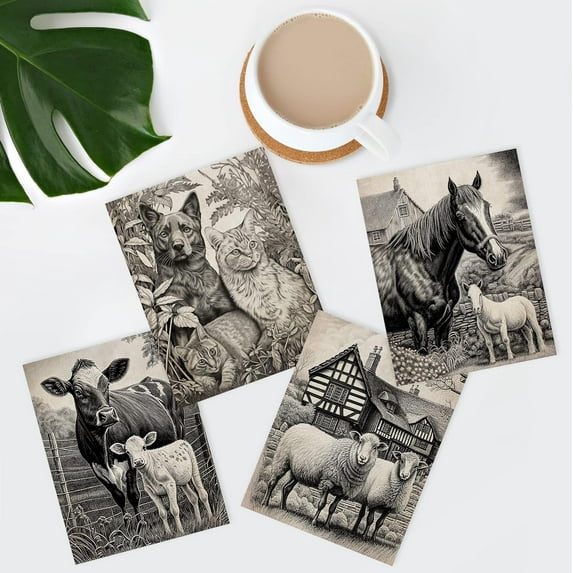 PixonSign Frameless Wall Art, Rustic Farmhouse Animal Cow Cat Sheep Horse Landscape Posters, Set of 4 Illustration Wall Decor Prints, Classic Contemporary Wall Décor for Living Room - 11"x14"