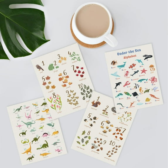 PixonSign Frameless Wall Art, Safari Woodland Animals Alphabet Posters, Set of 4 Neutral Nursery Cartoon Wall Decor Biosphere Prints, Miniamlist Wall Décor for Bedroom, Classroom - 12"x16"