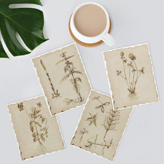 PixonSign Frameless Wall Art Sepia Vintage Classic Flower Art, Set of 4 Collage Floral Wall Decor Prints, Nature Wildeflowers Wall Décor, Plants Rustic Vintage Posters for Home - 8"x10"