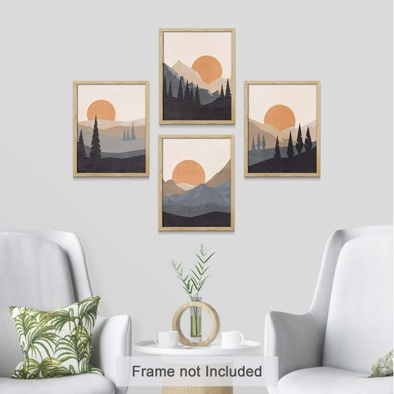 PixonSign Frameless Wall Art Sunlight Sunset Sunrise Mountain Prints, Set of 4 Abstract Geometric Wall Decor Arts, Forest Wall Décor, Adhesive Canvas Poster, Modern Home Artwork - 11"x14"