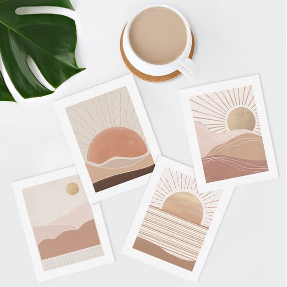 PixonSign Frameless Wall Art Sunrise Rising Sun Sunset Landscape Prints, Set of 4 Mid-Century Geometry Nature Wall Decor, Adhesive Canvas Poster, Modern Home Artwork - 8"x10"