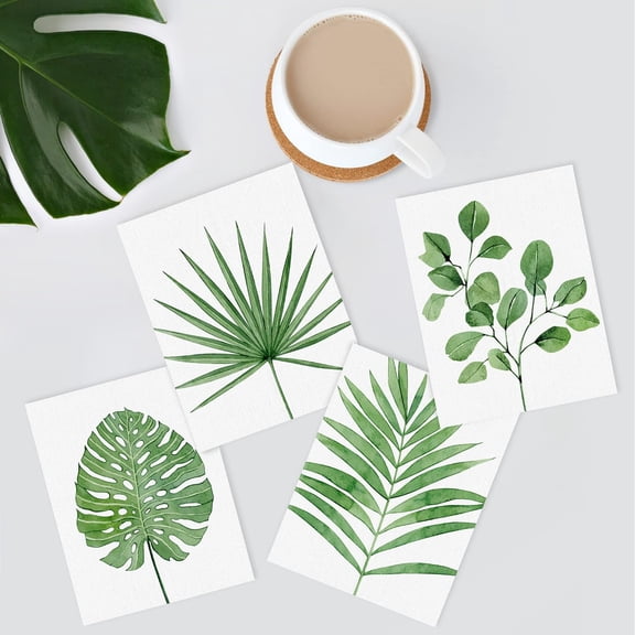 PixonSign Frameless Wall Art Tropical Green Monstera Fan Leaf Poater, Set of 4 Nature Wilderness Wall Decor Prints, Botanical Floral Wall Décor, Rustic Classic Countryside Artwork - 8"x10"