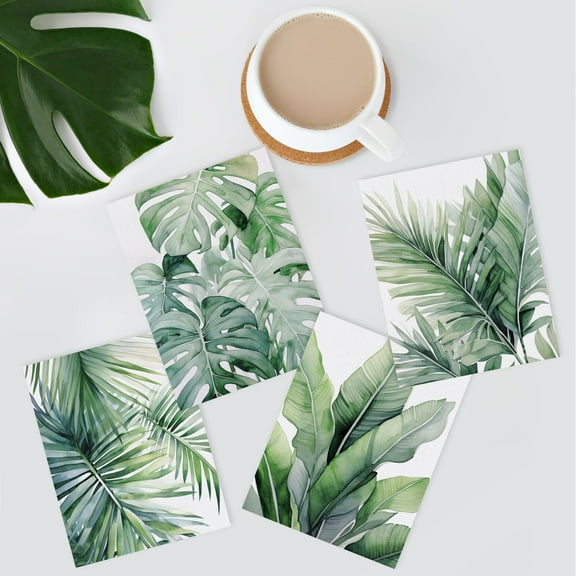 PixonSign Frameless Wall Art Tropical Jungle Plants Green Leaves Prints, Set of 4 Nature Wildernes Paintings, Minimalism Wall Décor, Adhesive Canvas Poster for Home Decor - 8"x10"
