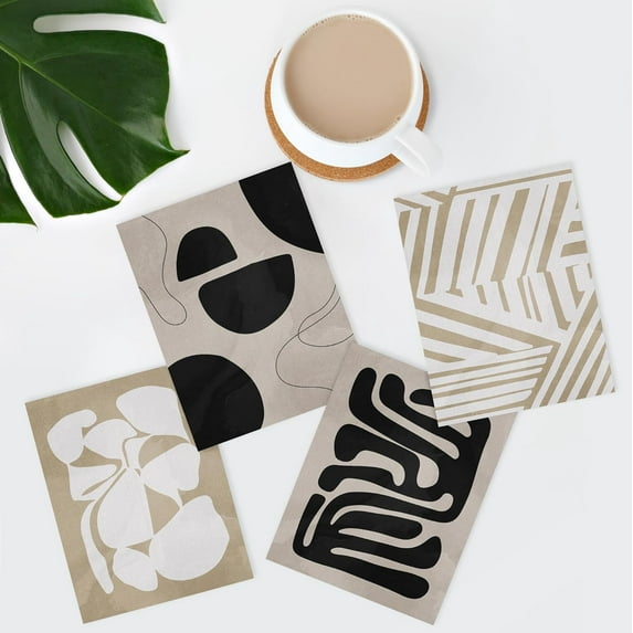 PixonSign Frameless Wall Art Tropical Mid-Century Posters, Set of 4 Hawaiian Geometric Prints Black & White Wall Decor, Nature Wilderness Wall Décor for Living Room, Bedroom, Office - 11"x14"