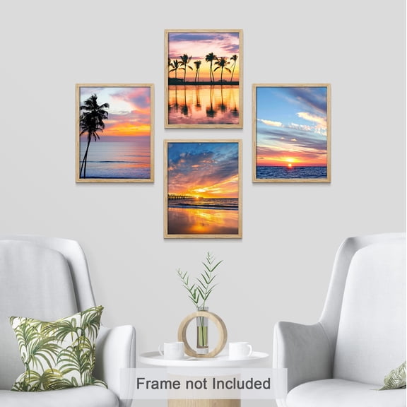 PixonSign Frameless Wall Art Tropical Palm Tree Beach Ocean Sea Sunset Prints, Set of 4 Sea Landscape Wall Decors, Nature Wall Décor, Adhesive Canvas Poster, Modern Home Artwork - 8"x10"