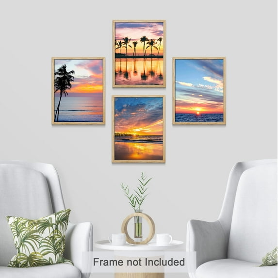 PixonSign Frameless Wall Art Tropical Palm Tree Beach Ocean Sea Sunset Prints, Set of 4 Sea Landscape Wall Decors, Nature Wall Décor, Adhesive Canvas Poster, Modern Home Artwork - 8"x10"