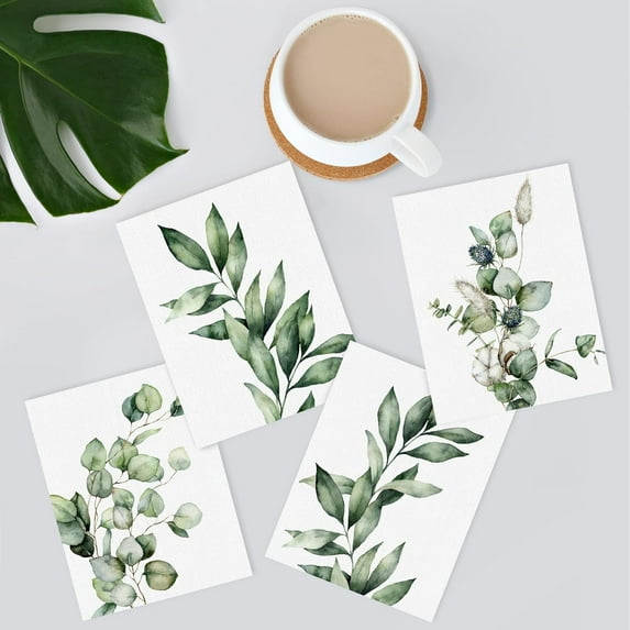 PixonSign Frameless Wall Art Watercolor Pastel Green Leave & Cotton, Set of 12 Nature Plants Wall Decor Arts, Floral Wall Décor, Adhesive Canvas Posters, Modern Home Artwork - 8"x10"