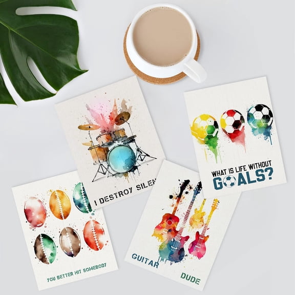 PixonSign Frameless Wall Art, Watercolor Soccer Football Guitar Drums Prints, Set of 4 Boy's Bedroom Illustration Wall Decor, Multicolor Modern Posters Contemporary Wall Décor - 12"x16"