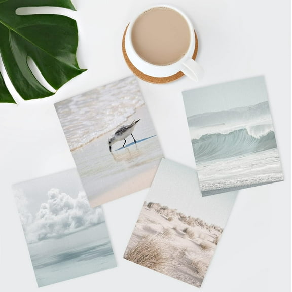 PixonSign Frameless Wall Art White Nautical Ocean Sea Beach Grass Seagull Posters, Set of 4 Seaside Landscape Wall Decor Prints, Nature Wilderness Wall Décor for Living Room, Bedroom - 8"x10"