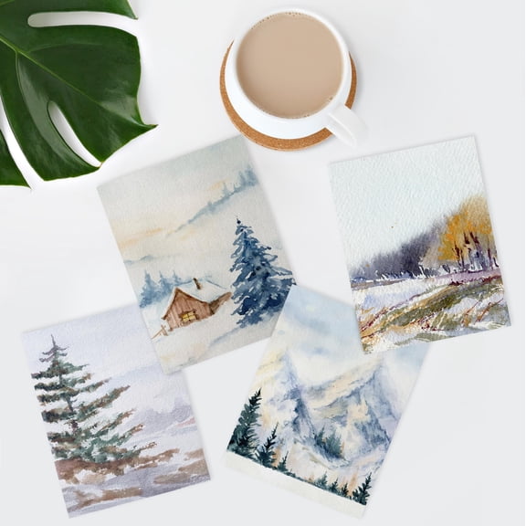 PixonSign Frameless Wall Art Winter Snow Frosty Pastel Christmas Log Cabin Prints, Set of 4 Mountain Forest Nature Wall Decor, Adhesive Canvas Poster, Modern Home Artwork - 12"x16"