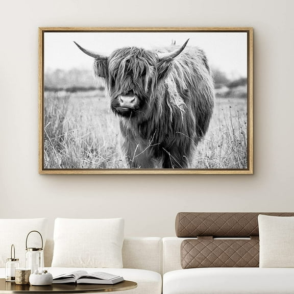PixonSign Highland Cow Canvas Print Framed Wall Art, 16x24 inches