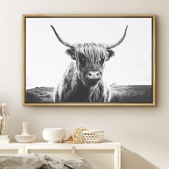PixonSign Highland Cow Framed Animal Portrait 36 in x 24 in Framed Photography Canvas Art Print, by PixonSign
