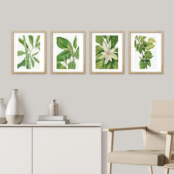 PixonSign Plant Growth Posters, Framed Green Forest Flower Wall Art, Set of 4 Collage Floral Wall Prints, Nature Wilderness Wall Décor, Botanical Artwork for Bedroom, Office - 8"x10" Natural