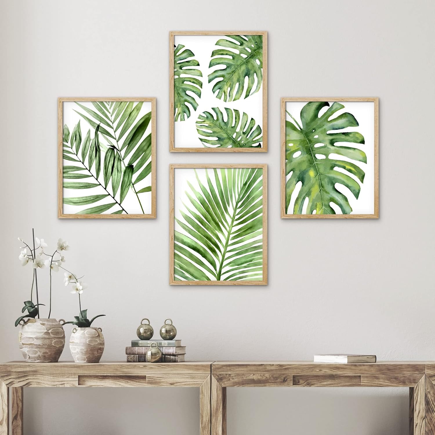 PixonSign Set of 4 Framed Wall Art, Tropical Green Island Palm Leaf