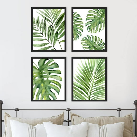 PixonSign Set of 4 Framed Wall Art, Tropical Green Island Palm Leaf Poster, Nature Wilderness Wall Decor Prints, Botanical Floral Wall Décor, Modern Landscape Artwork for Farmhouse - 12"x16" Black