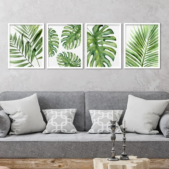 PixonSign Set of 4 Framed Wall Art, Tropical Green Island Palm Leaf Poster, Nature Wilderness Wall Decor Prints, Botanical Floral Wall Décor, Modern Landscape Artwork for Farmhouse - 11"x14" White