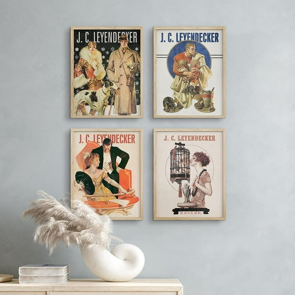 PixonSign Set of 4 Vintage Adhesive Canvas Posters, Framed Wall Art Leyendecker Art Deco Medieval Gentlemen & Ladies Historic American Prints, Ancient Civilization Wall Décor - 11"x14" Natural