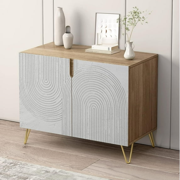 PixonSign Sideboard and Buffet Cabinet, 2 Doors Wood Storage Cabinet Console Table with Black & White Circle Pattern for Kitchen, Bedroom, Dinning, Foyer, Office - 35" L x 18" W x 29" H