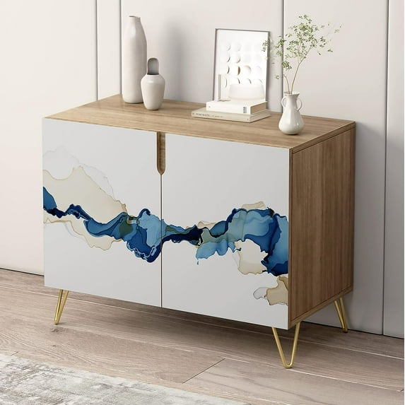 PixonSign Sideboard and Buffet Cabinet, 2 Doors Wood Storage Cabinet Console Table with Blue White Pastel Watercolor Paint Strokes for Kitchen, Bedroom, Dinning, Foyer, Office - 35" L x 18" W x 29" H
