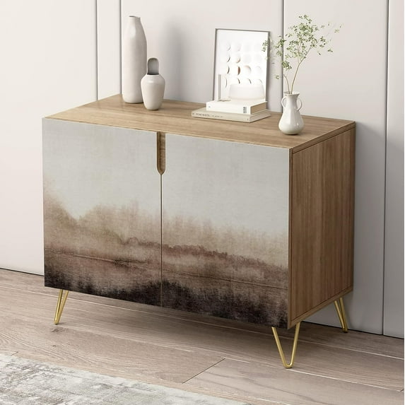 PixonSign Sideboard and Buffet Cabinet, 2 Doors Wood Storage Cabinet Console Table with Brown Pastel Watercolor Landscape for Kitchen, Bedroom, Dinning, Foyer, Office - 35" L x 18" W x 29" H