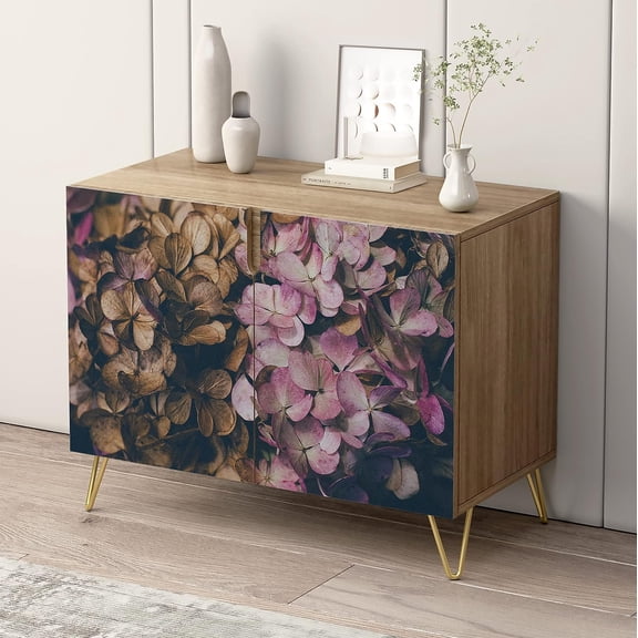 PixonSign Sideboard and Buffet Cabinet, 2 Doors Wood Storage Cabinet Console Table with Dark Spring Pink Forest Flowers for Kitchen, Bedroom, Dinning, Foyer, Office - 35" L x 18" W x 29" H