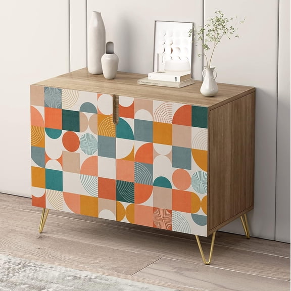 PixonSign Sideboard and Buffet Cabinet, 2 Doors Wood Storage Cabinet Console Table with Geometric Colorful Polygon Collage Geometry for Kitchen, Bedroom, Dinning, Foyer, Office - 35" L x 18" W x 29" H