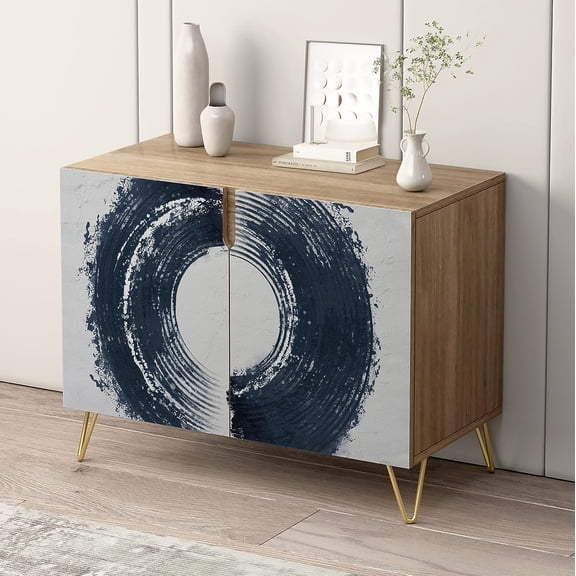 PixonSign Sideboard and Buffet Cabinet, 2 Doors Wood Storage Cabinet Console Table with Geometric Dark Paint Stroke Ring Geometry Nordic for Kitchen, Bedroom, Dinning, Office - 35" L x 18" W x 29" H
