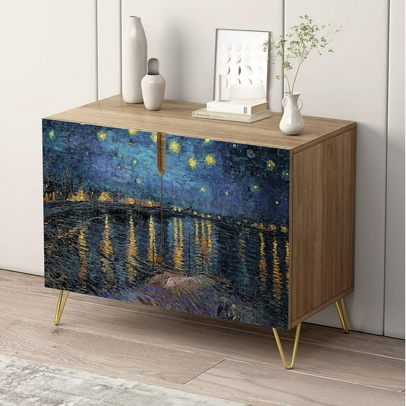PixonSign Sideboard and Buffet Cabinet, 2 Doors Wood Storage Cabinet Console Table with Gold Marble Sunshine Mountain for Kitchen, Bedroom, Dinning, Foyer, Office - 35" L x 18" W x 29" H