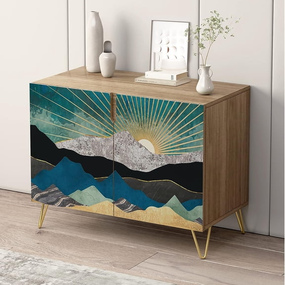PixonSign Sideboard and Buffet Cabinet, 2 Doors Wood Storage Cabinet Console Table with Gold Marble Sunshine Mountain for Kitchen, Bedroom, Dinning, Foyer, Office - 35" L x 18" W x 29" H