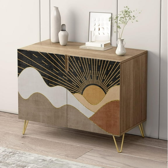 PixonSign Sideboard and Buffet Cabinet, 2 Doors Wood Storage Cabinet Console Table with Mid-Century Geometric Sun Nature Wilderness for Kitchen, Bedroom, Dinning, Office - 35" L x 18" W x 29" H