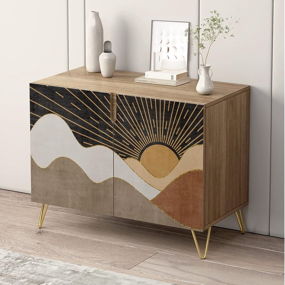 PixonSign Sideboard and Buffet Cabinet, 2 Doors Wood Storage Cabinet Console Table with Mid-Century Geometric Sun Nature Wilderness for Kitchen, Bedroom, Dinning, Office - 35" L x 18" W x 29" H