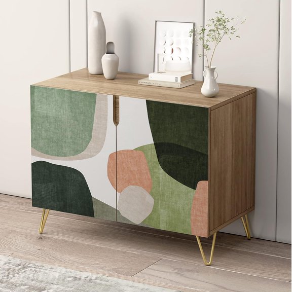 PixonSign Sideboard and Buffet Cabinet, 2 Doors Wood Storage Cabinet Console Table with Mid-Century Pastel Polygons Geometry Nordic Boho for Kitchen, Bedroom, Dinning, Office - 35" L x 18" W x 29" H