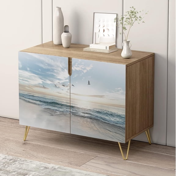 PixonSign Sideboard and Buffet Cabinet, 2 Doors Wood Storage Cabinet Console Table with Ocean Beach Shore Sea Sunsetra for Kitchen, Bedroom, Dinning, Foyer, Office - 35" L x 18" W x 29" H