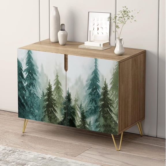 PixonSign Sideboard and Buffet Cabinet, 2 Doors Wood Storage Cabinet Console Table with Pastel Watercolor Pine Trees for Kitchen, Bedroom, Dinning, Foyer, Office - 35" L x 18" W x 29" H