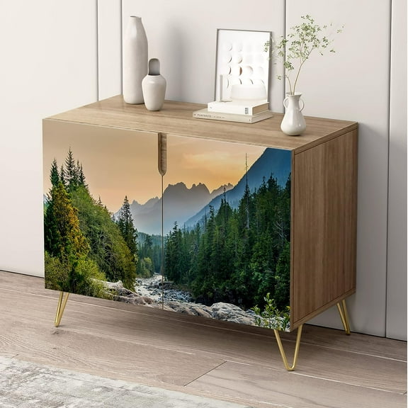 PixonSign Sideboard and Buffet Cabinet, 2 Doors Wood Storage Cabinet Console Table with Scenic Spring Mountain Forest Riverra for Kitchen, Bedroom, Dinning, Foyer, Office - 35" L x 18" W x 29" H