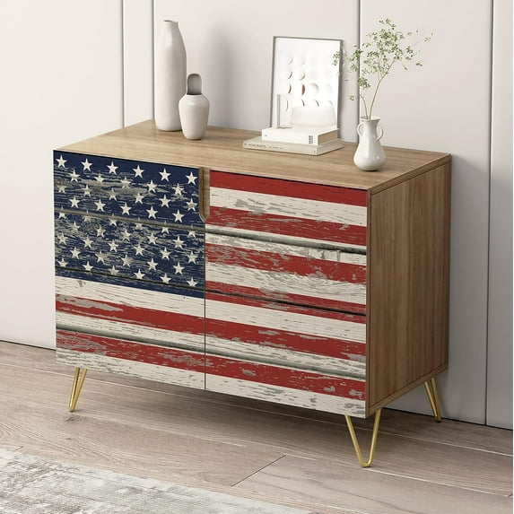 PixonSign Sideboard and Buffet Cabinet, 2 Doors Wood Storage Cabinet Console Table with Vintage Classic American Flag for Kitchen, Bedroom, Dinning, Foyer, Office - 35" L x 18" W x 29" H