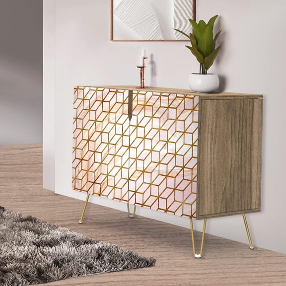 PixonSign Sideboard Buffet Cabinet, Kitchen Storage Cabinet with 2 Doors, 3D Square Optical Illusion Patterns, Cupboard Console Table for Dining Room - 35" L x 18" W x 29" H