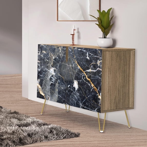 PixonSign Sideboard Buffet Cabinet, Kitchen Storage Cabinet with 2 Doors, Black & Gold Marble Granite Patterns, Cupboard Console Table for Dining Room - 35" L x 18" W x 29" H