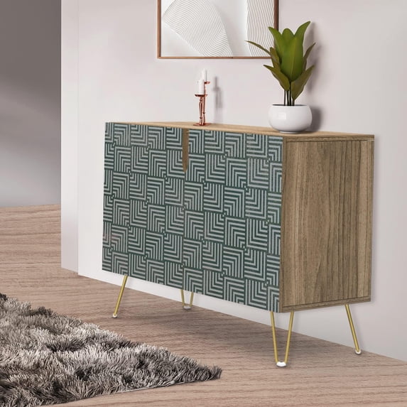 PixonSign Sideboard Buffet Cabinet, Kitchen Storage Cabinet with 2 Doors, Black Gray Geometric Square Pattern, Cupboard Console Table for Dining Room - 35" L x 18" W x 29" H